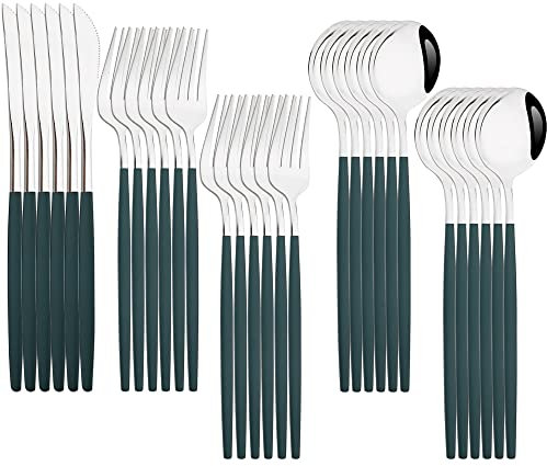 Küche 30 Stücke Weißgold Geschirr Luxunry Edelstahl Besteck Set Western Besteck Set Messer Gabel Löffel Geschirr Set (Color : Green Silver)