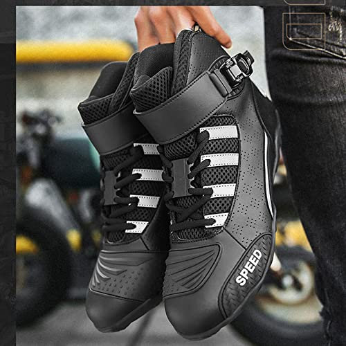BOEBIZ Stivali da Moto in Pelle Microfibra, Scarpe da Corsa alla Moda per Moto, Scarpe da Ciclismo Sportive Antiscivolo per Stivali Protettivi da Moto da Uomo,Grey-43