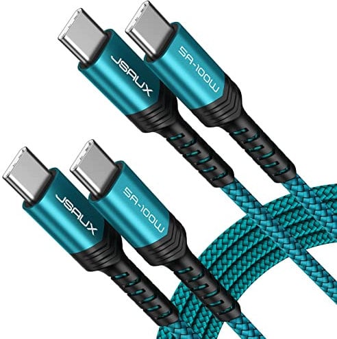 JSAUX 100W USB C to USB C Cable (2-Pack, 2 m), USBC Type C Charge Lead 5A Fast Charging Compatible with iPhone 16e 16 15 Plus Pro Max Samsung Galaxy S25 S24 MacBook iPad Air Pro Carplay Green