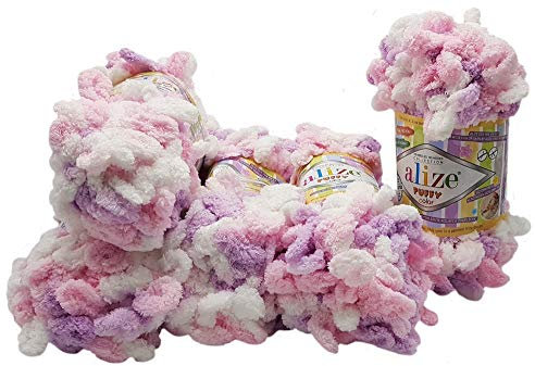 5 x 100 Gramm Strickwolle Alize Puffy Color, 500 Gramm Fingerstrick - Wolle mehrfarbig super bulky, Schlaufenwolle, Stricken ohne Nadel (flieder rosa weiss 6051)