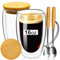 PARACITY Double Wall Glass Coffee Mugs 16OZ with Bamboo Lid/Spoon, Glass Coffee Cups Set of 2 with Handle, Insulated Clear Coffee Mug, Perfect for Latte, Espresso, Hot Beverage, Tea