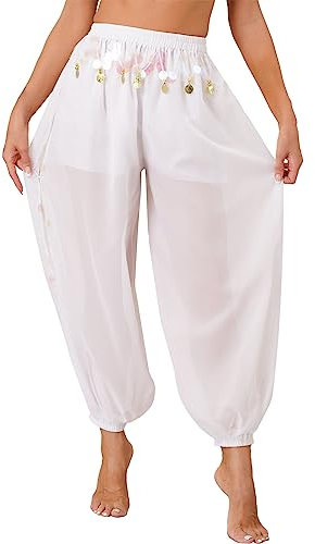 CHICTRY Bauchtanz Haremshose Damen Chiffon Tribal Arabische Hose Pailletten Glänzend Lose Bauchtanz Kostüm Pumphose Für Yoga Pilates Party Weiß Einheitsgröße