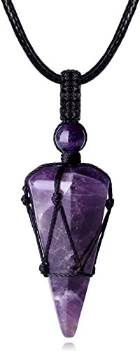 XIANNVXI Amethyst Kette Herren Sechseckiger Kristalle Anhänger Ketten Polierte Edelsteine Einstellbare Schwarzes Lederseil Reiki Steine Halskette Damen Schmuck Papa Geschenke für Männer