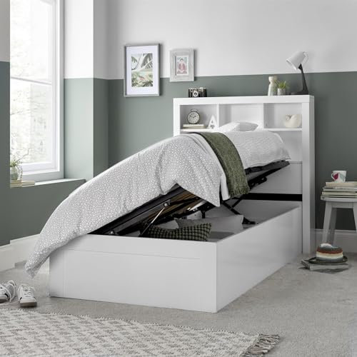 Save On Goods UK 3ft Single White Wood Wooden Lift Up Ottoman Storage Bed Frame (Bed Frame Only)