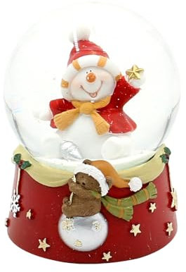 Dekohelden24 Schneekugel - Fröhlicher Schneemann - auf rotem Sockel mit Teddybären, L/B/H/Ø Kugel 6,5 x 7 x 9 cm Ø 6,5 cm