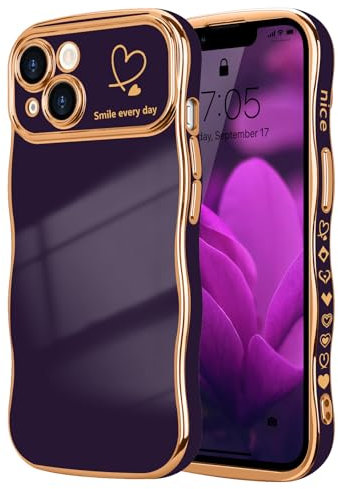 LCHULLE for iPhone 14 Plus Case for Women Girls,Cute Curly Wave Frame Shape Love Heart Pattern Phone Case,Raised Camera Protection Plating Shockproof Cover for iPhone 14 Plus 6.7,Dark Purple