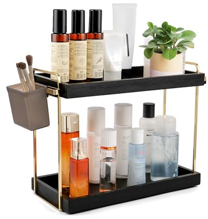 WILLKOMMEN 2 Tier Bathroom Counter Organizer, Wood Bathroom Storage Shelf, Spice Rack for Kitchen Countertop Vanity Tray Makeup Storage Coffee Station Organizer-Black
