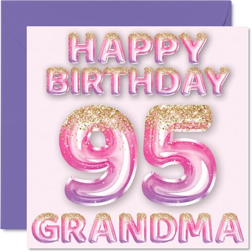 95th Birthday Card for Grandma, Pink & Purple Glitter Balloons | Happy Birthday Cards for 95 Year Old Grandma from Grandson Granddaughter, 145mm Bday Greeting Cards Gift