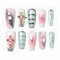 Sun&Beam Nails Handgefertigte Nagelspitzen Medium Lange Ballerina Nägel zum Aufkleben in Rosa Schwarz Kreuz 3D-Diamant Design mit Klebepads 10 Stück (#137 S)