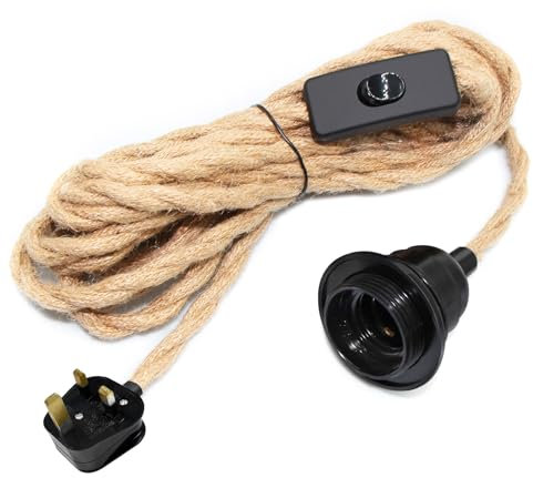 510 CM Hemp Rope Plug in Pendant Lighting, E27 Lamp Holder Lamp Cable with Switch, Plug in Ceiling Light, Rope Light Fitting, Industrial Vintage Hanging Light Cord for DIY Creative Lampshade