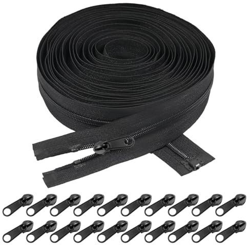 10m × 32mm Endlos Reißverschluss Schwarzer,#5 Nylon Reisverschluss Endloses,20 Metall Schieber Endlos Reissverschluss Mit Zipper,Reissverschluss Meterware für DIY-Näharbeiten an Taschen, Kleidung usw