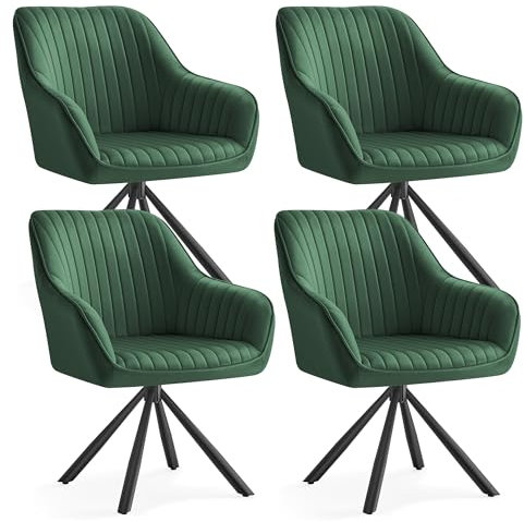 SONGMICS Esszimmerstuhl 4er Set, Küchenstuhl, Sessel drehbar, Samt, Polsterstuhl mit Armlehnen, bis 120 kg belastbar, Stahlbeine, für Esszimmer, Küche, grün-tintenschwarz KDC161C14