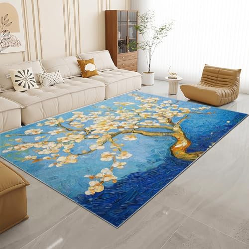 Non Slip Area Rug Blue, 160 x 230 cm Short Pile Rugs Washable, Oil Painting Plants Apricot Tree Printed Floor Carpet Mat for Living Room Laundry Office Entrance, Easy Clean Flannel Carpets