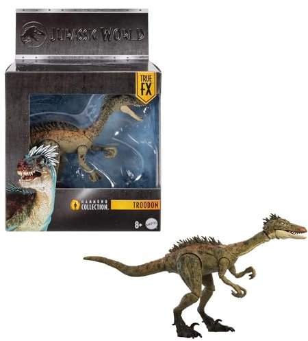 Mattel Jurassic World Hammond Collection mit Menschen- und Dinosaurier-Actionfigur, Atrociraptor Tiger, Premium-Film-Design Glasaugen & 14 Gelenkpunkte, JDJ11, Grau