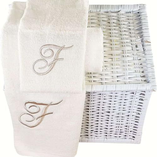 RICAMI FIORENTINI BALDI 2-teiliges Handtuch-Set mit Initiale, Frottee, 100 % Baumwolle, 400 g/m², für Gesicht + Gäste, Geschenkidee (Buchstabe F) Beige