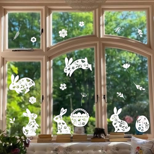 Alwayspon Autocollants double face réutilisables pour fenêtre de Pâques, décalcomanies de fenêtre aquarelle lapin blanc pour enfants, décoration de magasin et décoration printanière