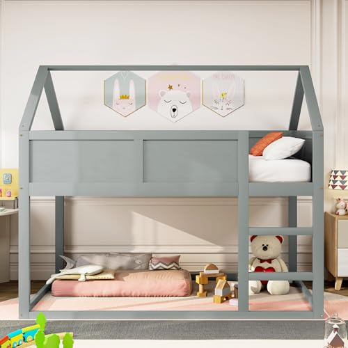 Moimhear Etagen-Kinderbett, 90x200cm, niedriges Etagen-Einzelbett, Hochbett mit Treppe, Massivholzrahmen (Grau)