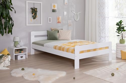 TiCAA Einzelbett Doppelbett Bert Kiefer Weiß aus Massivholz