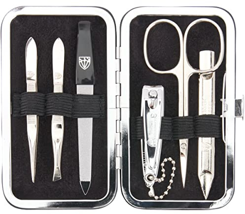 DREI SCHWERTER - 6-tlg. Maniküre Set 'Lucca' | Nagelset im ECHT LEDER - Etui | Inhalt: Hautschere, 2 Pinzetten, Doppelinstrument, Nagelknipser, Saphirnagelfeile - braun