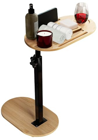 Uptyia Mesa Auxiliar Regulable en Altura con Bandeja de Bambú | Mesa de Café Ovalada, Mesita de Noche para Espacios Reducidos, Color Madera Natural, Altura ajustable de 40 a 82 cm
