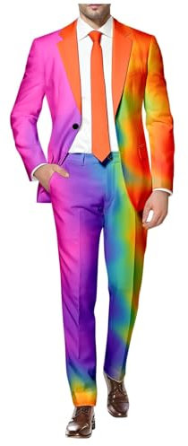 Mymyguoe Multicolor Suit Men 2 Piece LGBTQ Suit Men Rainbow Pride Sakko Suit Pants Two Piece Halloween Cosplay Carnival Fashion Disco Ball Party Outfits, berry, XXL
