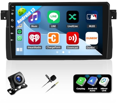 Android 13 Autoradio para BMW E46 1999-2005 con Android Auto Carplay Inalámbrico, 2G+32G 9 Pantalla Táctil Radio de Coche con Bluetooth GPS/WiFi/Mirror Link/FM/RDS/EQ/SWC+Cámara Trasera