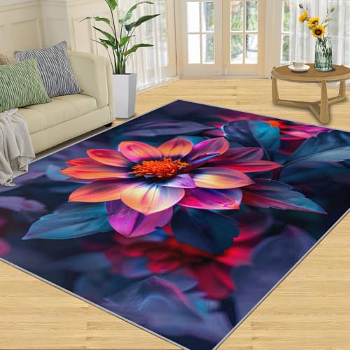 HYGIUID Neon Dahlia Rugs Living Room Large - 160 x 230 cm Floral Area Rugs for Bedroom, Colourful Flowers Floor Mat Non Shedding for Nursery Office Childrens Playroom
