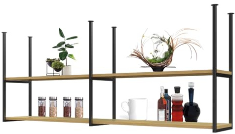 Industrie Deckenregal, 2-lagige Deckenregal Weinregal, Deckenregal Weinregal, Hängende Dekoration Lagerregal , Schwarzes Metall-Deckenregal für Restaurant Bar Cafe Esszimmer (wood, 120X80X30CM)