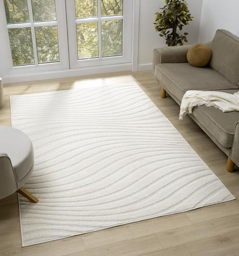 Aya Soft Scandinavian Boho Wave Living Room Area Rug, Cream, 120x170cm