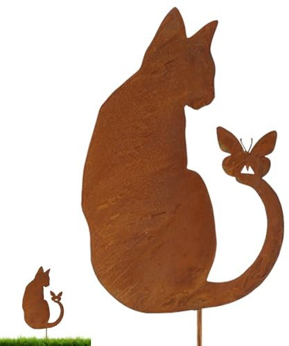 Rostiges Eichhörnchen Deko Gartenstecker zum Schraube in Holz, Metall Rostige Gartendeko für Draußen Wetterfest Herbst Rost Deko für Den Außenbereich, Garten, Rasen, Baumstumpfdekoration (Katzen)