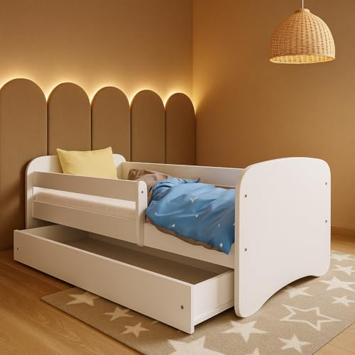 ALAVYA HOME® Dream Kinderbett 80x180 cm mit Schubladen, Lattenrost und Rausfallschutz | Kinder Bett 180x80 mit Bettkasten Kinderbetten Einzelbett fur Mädchen Junge - Weiß