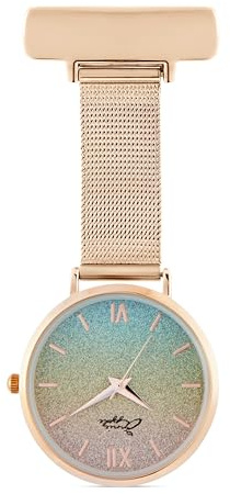Annie Apple Designer-Taschenuhr AA16/R in Roségold, glitzernd, Regenbogen-Mesh-Armband, Krankenschwestern, Hebammen, Gesundheitswesen, Kosmetikerin, Friseur