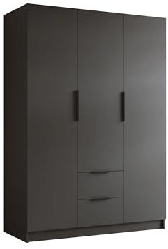 Mirjan24 Kleiderschrank Conate I 150, Schrank, Garderobe, Organizer, 3-türig, 2 Schubladen für mehr Stauraum, Aluminiumgriffe, gedämpftem Schließsystem (Schwarz)