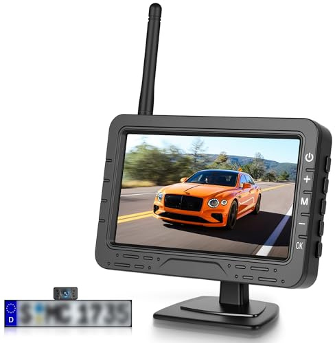 Rimoody Caméra de Recul sans Fil, Moniteur TN 4,3 Pouces, Étanche IP68/Vision Nocturne Grand Angle/Lignes de Guidage Réglables/Inversion Image pour Voiture Camion Fourgon Caravane
