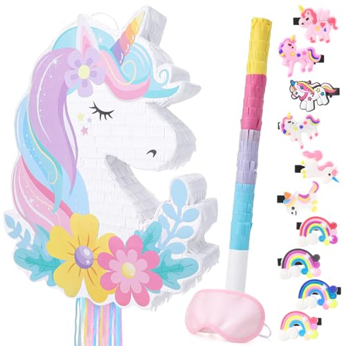 Kaisibum Einhorn Piñata Set mit 10 Haarspangen | Komplettes Piñata Partyspiel, Einhorn Partytüten Füller, Gastgeschenke für Geburtstage Partys