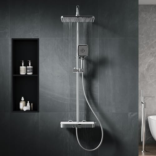 SONNI Duschsystem mit Thermostat Chrom Duschset Matt Regendusche Eckig | Edelstahl-Duschstange, 38°C Thermostat mit KTW-/WRAS-Zertifizierung, eckige Regendusche und Handbrause mit 3 Strahlarten.