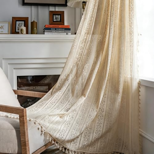 EUBSWA Makramee Vorhang Boho Deko - 2er Boheme Vorhänge mit Fransen, Baumwolle Linen Gardinen für Wohnzimmer und Schlafzimmer