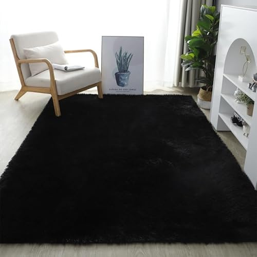 YUANWAN Hochflorteppich Langflor Teppich 200 x 250 cm Weich, Einfarbig, Pflegeleicht rutschfest Wohnzimmerteppich Shaggy Hochflor Teppich für Wohnzimmer, Schlafzimmer, Schwarz