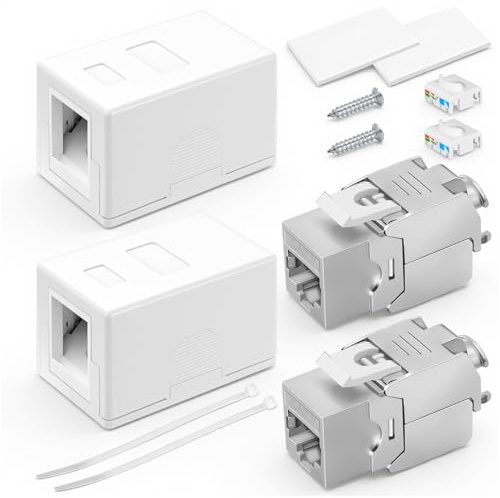 Puiseno CAT 7 Geschirmte Aufputzdose, 2er Set - inkl. 2x vergoldete RJ45 Module & 2-Port Weiße Keystone Jack Aufputzdose, 10 Gbit/s, 600 MHz, für LAN, Internet, Smart Home
