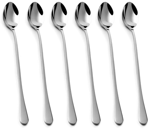 lulir 6 Pcs 7.6in/19.3cm Stainless Steel Spoons Long Handle | Durable Long Premium Coffee Spoons for Iced Tea Milk Shake Ice Cream Sundeas Cool– Elegant Long Handled Teaspoons