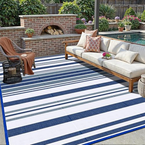 Hiseng Outdoor Rugs for Patios Waterproof Plastic Minimalist Pink Stripes Woven Garden Mat Modern Large Non-slip Area Rugs for Lawn, Camping, Deck, Beach, Balcony, Picnic (Pink-Green,150x180cm)