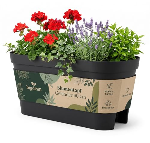BigDean Blumenkasten Balkongeländer 60cm Anthrazit | Balkonkasten inklusive Halterung, Blumentopf zum Aufhängen, Wasserablauf gegen Staunässe,Balkontopf, Geländertopf