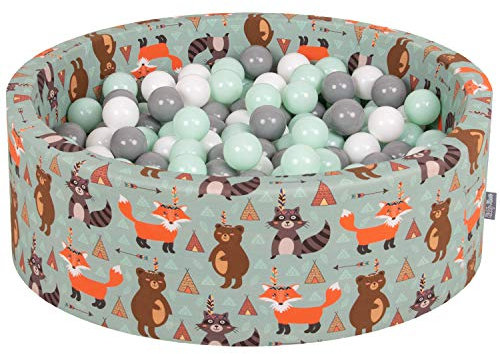 KiddyMoon Rund Bällebad Bällepool 90X30cm/300 Bälle ∅ 7Cm Ballgruben Mit Bunten Bällen Für Babys Spielbad Kleinkinder, Hergestellt In Der EU, Füchse-Grün:Weiß/Grau/Mint