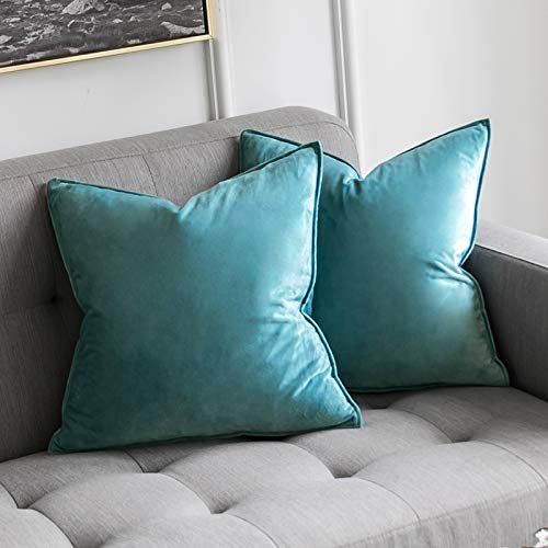 MIULEE 2er Set Samt Kissenbezug Flansch Kissenhülle Dekorative Sofakissen Dekokissen Umwickelte Kante Kissenbezüge Zierkissenbezug für Sofa Wohnzimmer Schlafzimmer 50x50 cm Blaugrün
