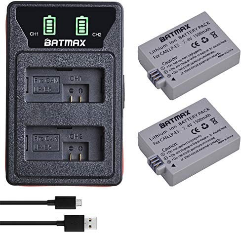 Batmax 2 Packs LP-E5 Battery + LED Dual Bulit-in USB Charger with Type C Port for Canon EOS Rebel XS, Rebel Xsi, Rebel T1i, 1000D, 500D, 450D, Kiss F, Kiss X2, Kiss X3