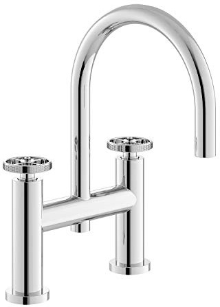 Hudson Reed TIW353 Revolution ǀ Modern Bathroom Industrial Inspired Deck Mounted Bath Filler Tap with Two Round Handles, 319mm x 230mm, Chrome