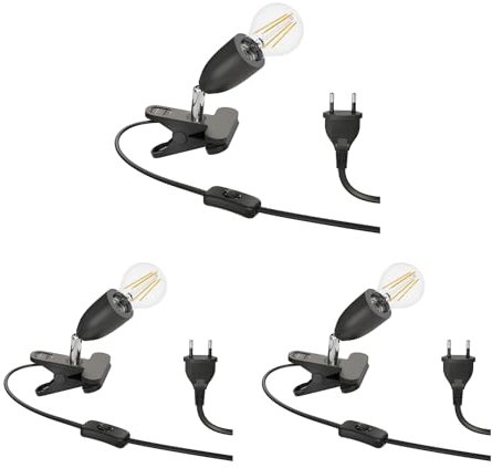 ledscom.de 3 Stück E27 Klemmleuchte LIK, schwarz inkl. E27 LED Lampe 1020lm weiß, 3-Stufen Dimmen ohne Dimmer mit Lichtschalter