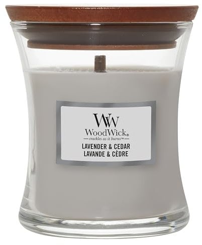 WoodWick mittelgroße Duftkerze im Sanduhrglas mit knisterndem Docht |Lavender & Cedar | Brenndauer bis zu 20 Stunden