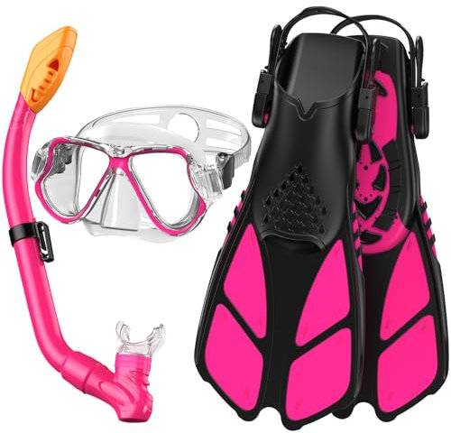 Adicop Set con maschera per bambini da 3 a 7 anni, con maschera panoramica per snorkeling, maschera subacquea, boccaglio Dry Top e pinne regolabili, per snorkeling, nuoto, apnea (bambini-rosa)