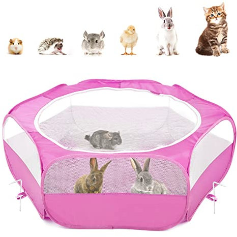 Pawaboo Kleintiere Freigehege, Wasserdicht Faltbar Kaninchen Freilaufgehege für Hasen Hühner Kätzchen Welpen Kaninchen Hamster, Visuell Laufstall mit Netz Reißverschluss und Nylonboden - Rosenrot